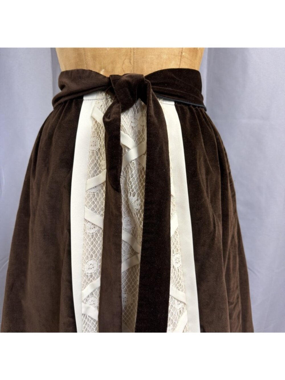 Vintage 70s Chessa Davis Brown Velvet Floral Lace Maxi Skirt Cottagecore - Picture 3 of 11
